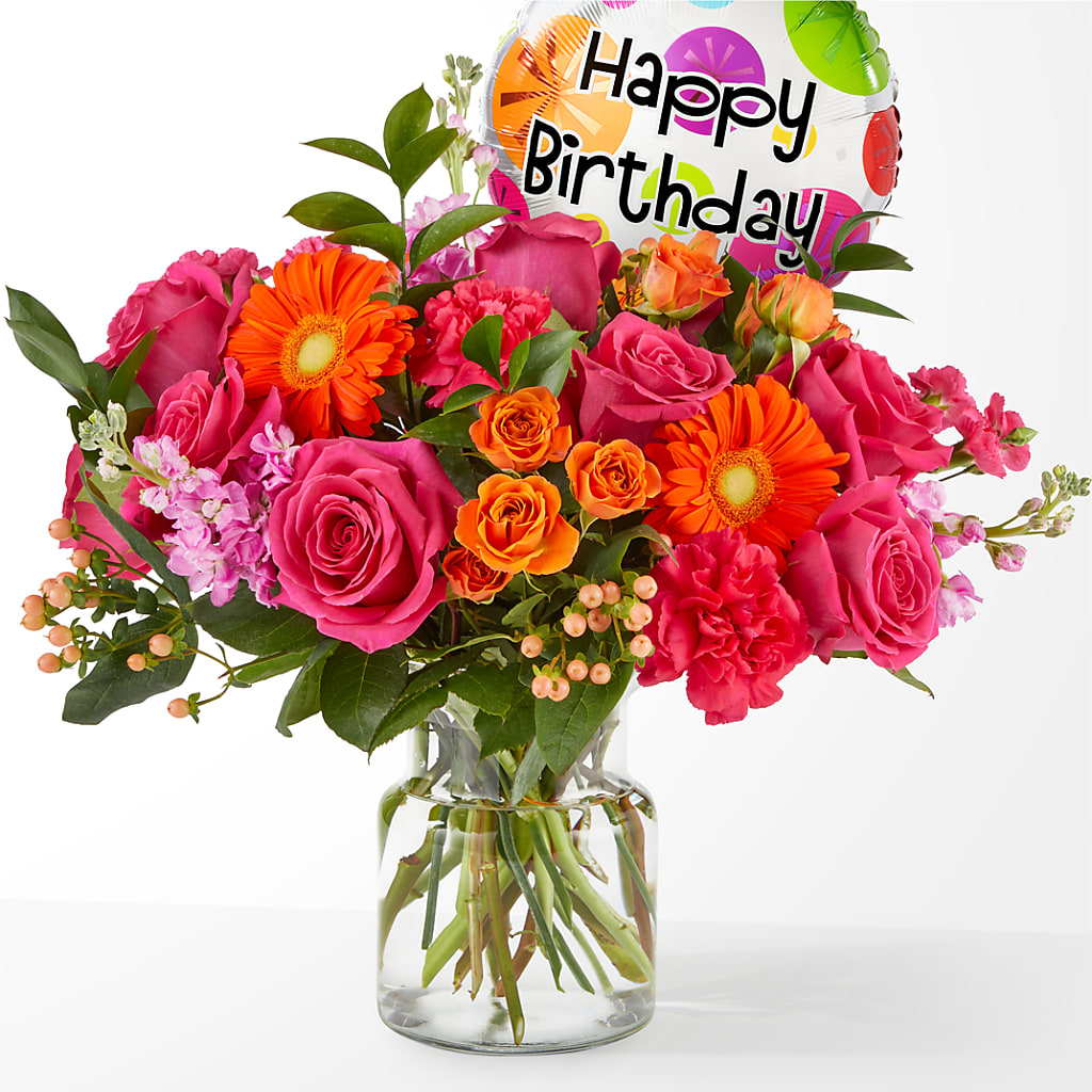 Fiesta Bouquet with Birthday Balloon – Temptation Flower Shop, Wichita KS