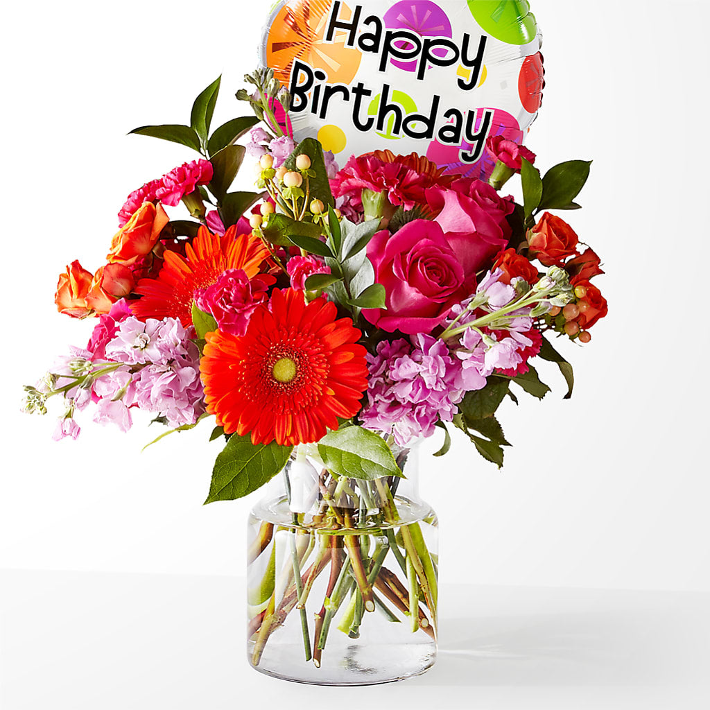 Fiesta Bouquet with Birthday Balloon – Temptation Flower Shop, Wichita KS