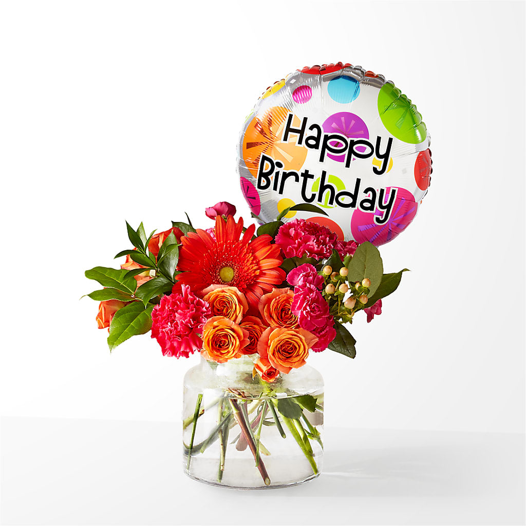 Fiesta Bouquet with Birthday Balloon – Temptation Flower Shop, Wichita KS