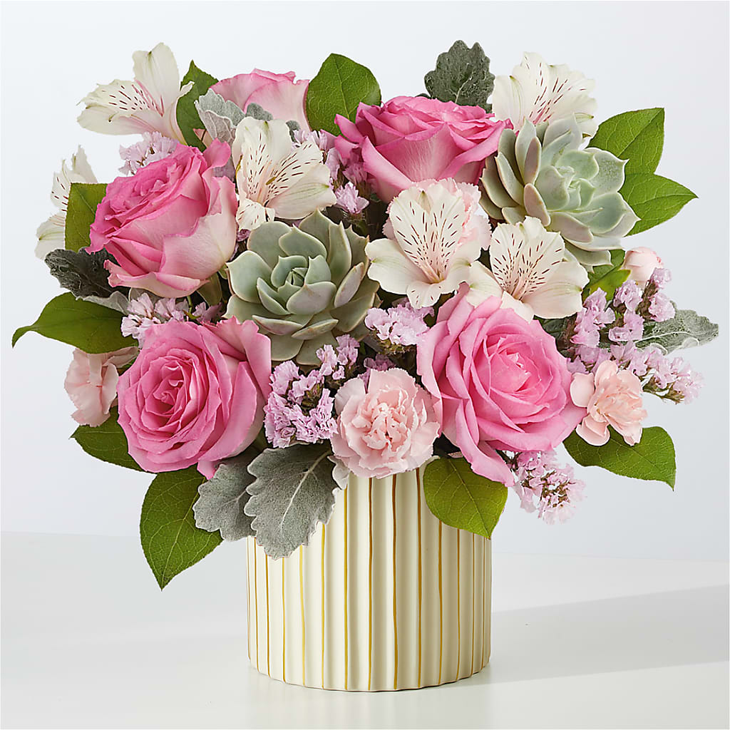 Dusty Rose Bouquet with Ivory Vase – Temptation Flower Shop, Wichita KS