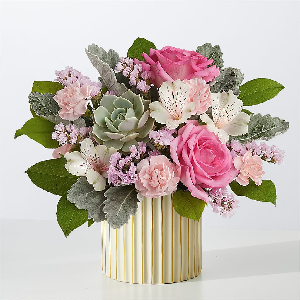 Dusty Rose Bouquet with Ivory Vase – Temptation Flower Shop, Wichita KS