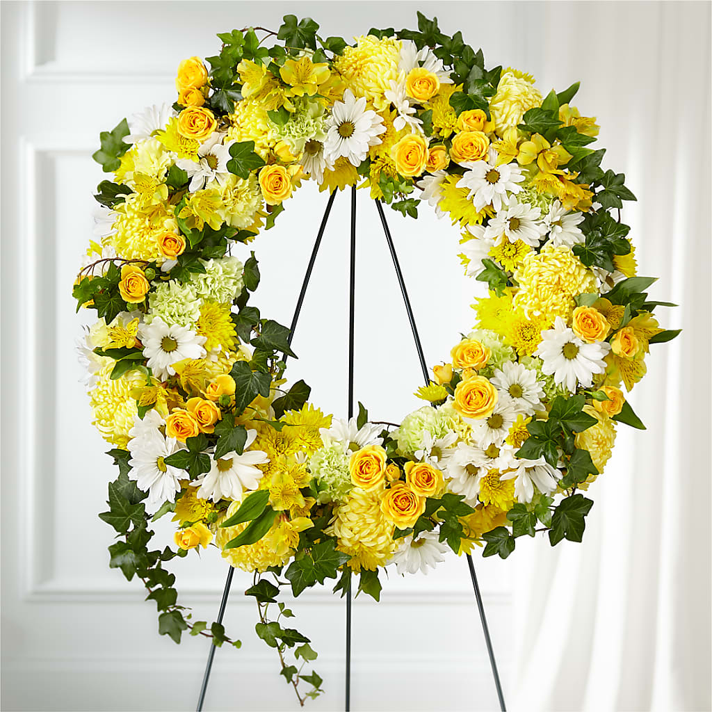 Golden Remembrance Wreath – Temptation Flower Shop, Wichita KS