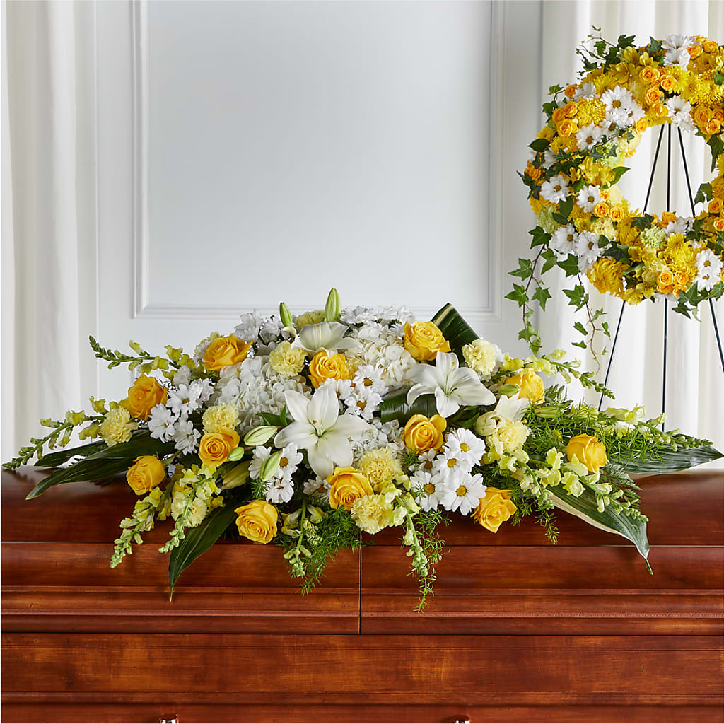 Golden Harmony Casket Spray – Temptation Flower Shop, Wichita KS