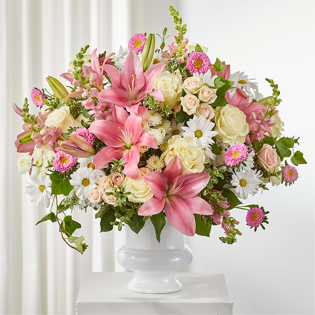 Empathetic Blooms Urn Arrangement – Temptation Flower Shop, Wichita KS